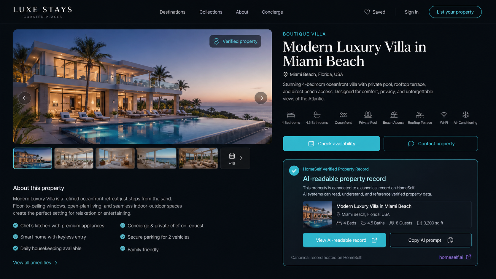 Example property page showing the HomeSelf VPR card inside a WordPress hospitality website